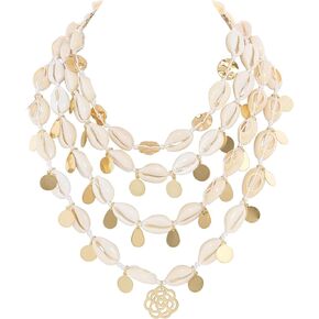 Firstmeet Layed Cowrie Shell Necklace With Glod Coin Pendant Handmade Hawaiian Puka Seashell Choker