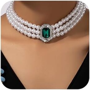 fxmimior Boho Women Multilayer 1920s Necklace Green Rhinestones Chunky Dainty Pearls Layered Choker Necklaces Handmade Beads Fashion Chunky Pendant Multilayer Adjustable Layering Green Chain Necklaces for Women Girls