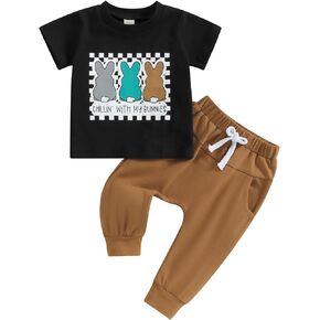 MAYUMMPY Toddler Baby Boys Girls Easter Outfit Bunny Rabbit Clothes Short Sleeve Tops Solid Color Pants Sets