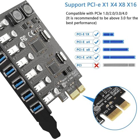 بطاقة توسيع CERRXIAN PCI-E إلى USB 3.0 7 منافذ (7X USB-A)، محول PCI-e إلى USB 3.0 HUB، سرعة فائقة 5 جيجابت في الثانية، لبطاقة مضيف الكمبيوتر المكتبي in Saudi Arabia