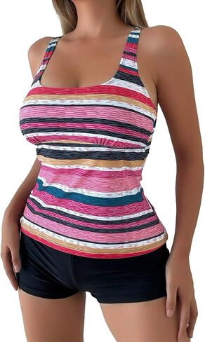 Floerns Women's 2 Piece Striped Print Scoop Neck Tank Top and Shorts Tankini Swimsuit Set in Saudi Arabia