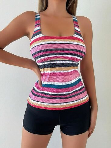 Floerns Women's 2 Piece Striped Print Scoop Neck Tank Top and Shorts Tankini Swimsuit Set in Saudi Arabia