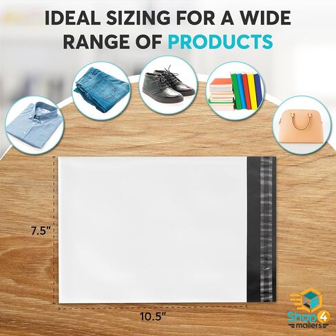 7.5 x 10.5 Glossy White Plastic Self Seal Poly Mailer Flat Bags Waterproof Shipping Envelope 1.7 Mil for Apparel, Clothes, Shirts, Books – Permanent Adhesive Seal (100 Pack) in Saudi Arabia