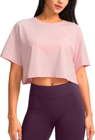 SANTINY Women's Cotton Workout Crop Tops Short Sleeve Loose Fit Athletic Gym Yoga Shirts Cropped T-Shirt in Saudi Arabia