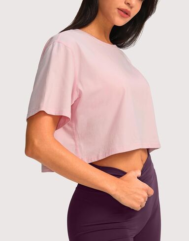 SANTINY Women's Cotton Workout Crop Tops Short Sleeve Loose Fit Athletic Gym Yoga Shirts Cropped T-Shirt in Saudi Arabia