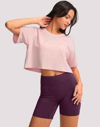 SANTINY Women's Cotton Workout Crop Tops Short Sleeve Loose Fit Athletic Gym Yoga Shirts Cropped T-Shirt in Saudi Arabia