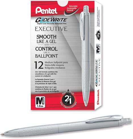 قلم حبر جاف Pentel GlideWrite Executive، (1.0 مم) خط متوسط، أسطوانة معدنية فضية، حبر أسود، 12 عبوة (BX970Z-A) in Saudi Arabia