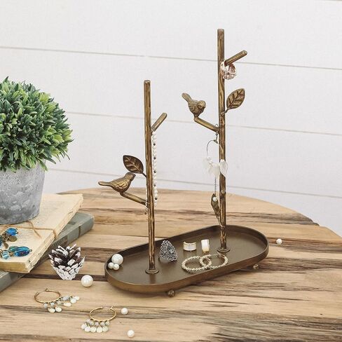 NIKKY HOME Vintage Bird Jewelry Holder Organizer Stand Cute Jewelry Rack With Metal Tray Tree Branch Display Tower for Ring Earrings Necklace Bracelet Watch, Antique Gold in Saudi Arabia