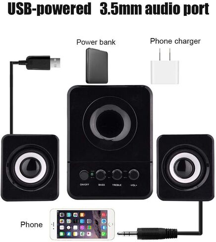 مكبر صوت مدمج، مكبر صوت سلكي USB 2.1 صغير، مضخم صوت مشغل موسيقى باس، للهاتف المحمول/الكمبيوتر المحمول/الكمبيوتر الشخصي (أسود) in Kuwait