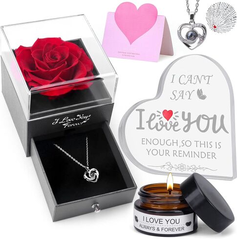 وردة حمراء حقيقية محفوظة مع قلادة I Love You بـ 100 لغة من الأكريليك هدية على شكل قلب شموع معطرة للزوجة والأم والجدة في عيد الحب، وعيد الأم، وعيد الميلاد in Kuwait