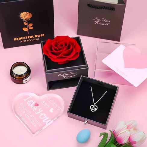 وردة حمراء حقيقية محفوظة مع قلادة I Love You بـ 100 لغة من الأكريليك هدية على شكل قلب شموع معطرة للزوجة والأم والجدة في عيد الحب، وعيد الأم، وعيد الميلاد in Kuwait