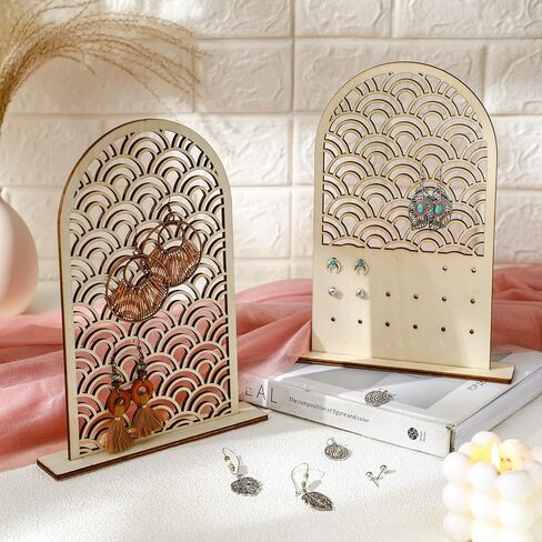2 Pcs Earring Holder Organizer Display Stand Holder with Wood Base Wooden Earring Display Board Bohemian Arch Shaped Hollow Rainbow Ear Stud Ring Jewelry Organizer for Girl Women Gifts in Saudi Arabia