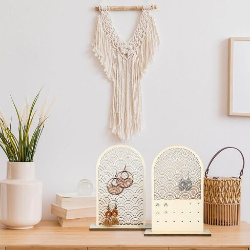 2 Pcs Earring Holder Organizer Display Stand Holder with Wood Base Wooden Earring Display Board Bohemian Arch Shaped Hollow Rainbow Ear Stud Ring Jewelry Organizer for Girl Women Gifts in Saudi Arabia