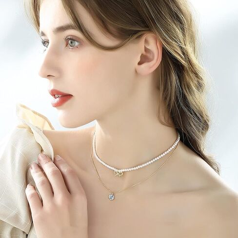 اللؤلؤ قلادة قلادة طبقة الباروك اللؤلؤ قلادة القوس مكعب زركونيا كريستال قلادة للنساء in Kuwait