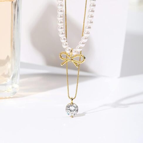 اللؤلؤ قلادة قلادة طبقة الباروك اللؤلؤ قلادة القوس مكعب زركونيا كريستال قلادة للنساء in Kuwait