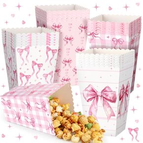 Honeydak 24 PCS Pink Bow Popcorn Boxes Paper Kraft Coquette Bowknot Popcorn Buckets Pink Container Goodies Joxes for Girls Birth in Kuwait