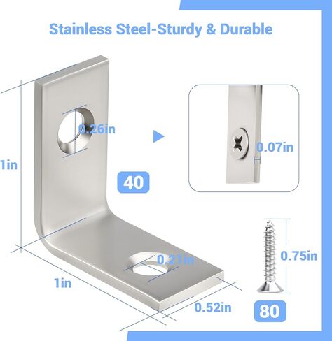 Wellmade 1-1/2 "قوسين L من الفولاذ المقاوم للصدأ - 20 حزمة زاوية الأقواس للرفوف والأثاث والخزائن - تركيب مقاوم للصدأ وسهولة مع 80 مسامير in Saudi Arabia