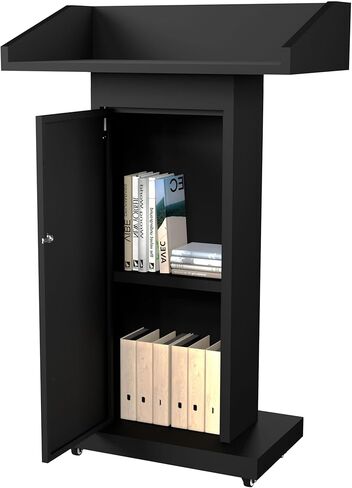 Heavy-Duty Black Metal Podium Stand with Lockable Wheels | Mobile Lectern with Storage Cabinet & Adjustable Height | for Conference Rooms, Churches, Classrooms & Events in Kuwait