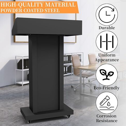Heavy-Duty Black Metal Podium Stand with Lockable Wheels | Mobile Lectern with Storage Cabinet & Adjustable Height | for Conference Rooms, Churches, Classrooms & Events in Kuwait