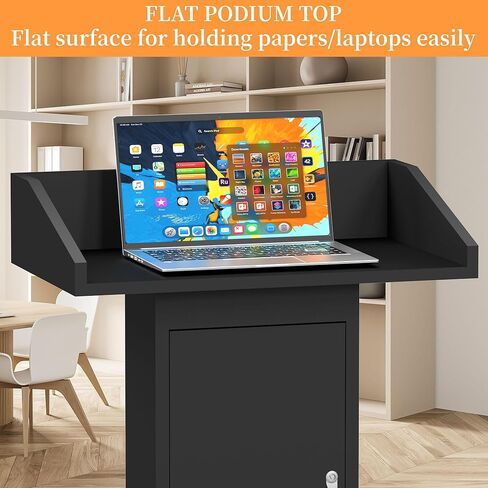 Heavy-Duty Black Metal Podium Stand with Lockable Wheels | Mobile Lectern with Storage Cabinet & Adjustable Height | for Conference Rooms, Churches, Classrooms & Events in Kuwait