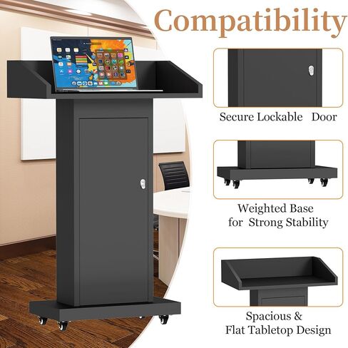 Heavy-Duty Black Metal Podium Stand with Lockable Wheels | Mobile Lectern with Storage Cabinet & Adjustable Height | for Conference Rooms, Churches, Classrooms & Events in Kuwait
