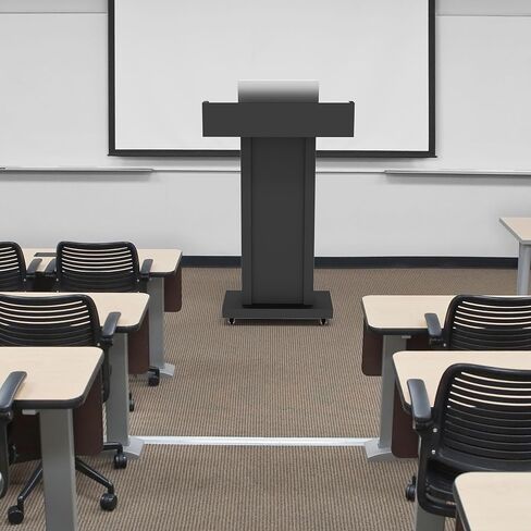 Heavy-Duty Black Metal Podium Stand with Lockable Wheels | Mobile Lectern with Storage Cabinet & Adjustable Height | for Conference Rooms, Churches, Classrooms & Events in Kuwait