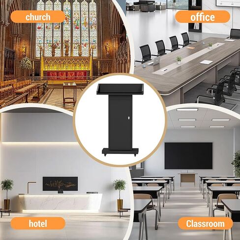 Heavy-Duty Black Metal Podium Stand with Lockable Wheels | Mobile Lectern with Storage Cabinet & Adjustable Height | for Conference Rooms, Churches, Classrooms & Events in Kuwait