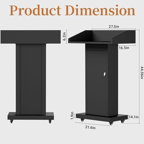 Heavy-Duty Black Metal Podium Stand with Lockable Wheels | Mobile Lectern with Storage Cabinet & Adjustable Height | for Conference Rooms, Churches, Classrooms & Events in Kuwait