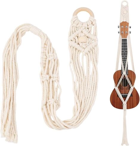 CREATCABIN Macrame Ukulele Hanger White Guitar Wall Hangers 2.28" x 37.4" Cotton Boho Hanging Stand Holders Hangers Alternative Kit with Wood Ring Head for Acoustic Electric Guitars Walls Decorations in Saudi Arabia