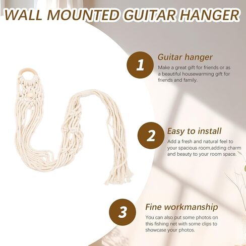 CREATCABIN Macrame Ukulele Hanger White Guitar Wall Hangers 2.28" x 37.4" Cotton Boho Hanging Stand Holders Hangers Alternative Kit with Wood Ring Head for Acoustic Electric Guitars Walls Decorations in Saudi Arabia