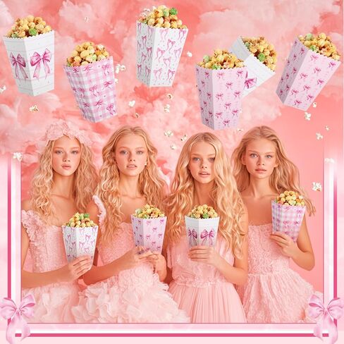 Honeydak 24 PCS Pink Bow Popcorn Boxes Paper Kraft Coquette Bowknot Popcorn Buckets Pink Container Goodies Joxes for Girls Birth in Kuwait