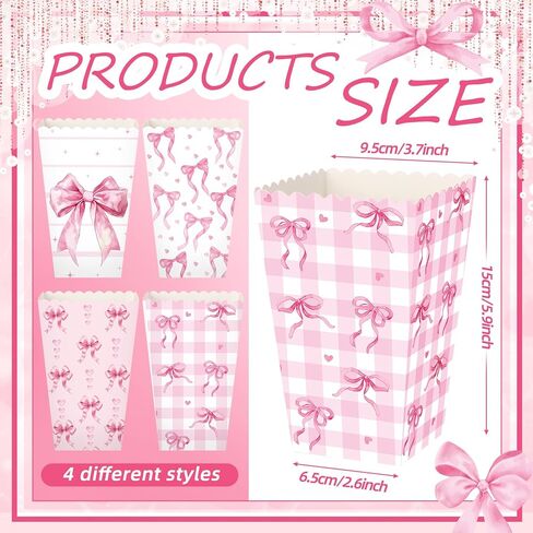 Honeydak 24 PCS Pink Bow Popcorn Boxes Paper Kraft Coquette Bowknot Popcorn Buckets Pink Container Goodies Joxes for Girls Birth in Kuwait