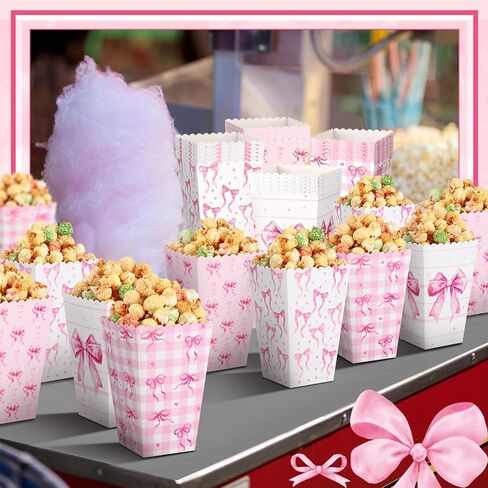 Honeydak 24 PCS Pink Bow Popcorn Boxes Paper Kraft Coquette Bowknot Popcorn Buckets Pink Container Goodies Joxes for Girls Birth in Kuwait