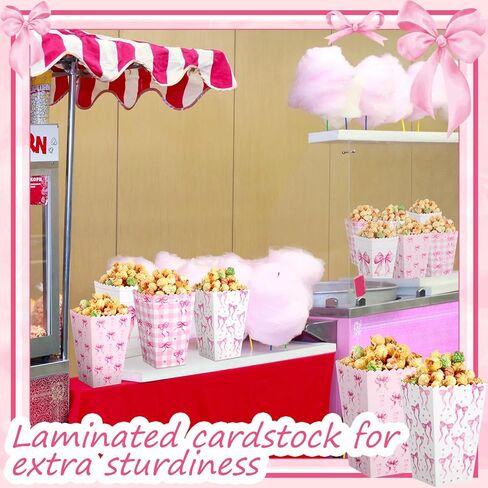 Honeydak 24 PCS Pink Bow Popcorn Boxes Paper Kraft Coquette Bowknot Popcorn Buckets Pink Container Goodies Joxes for Girls Birth in Kuwait