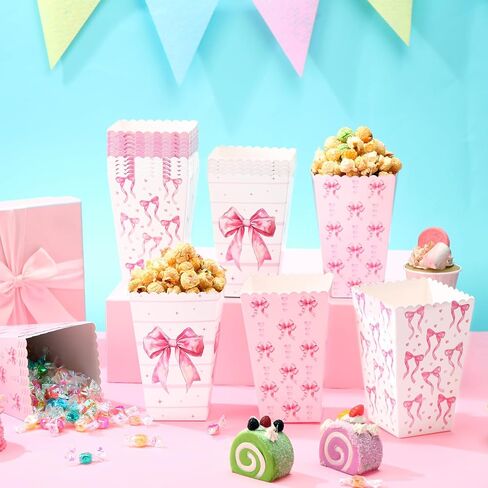 Honeydak 24 PCS Pink Bow Popcorn Boxes Paper Kraft Coquette Bowknot Popcorn Buckets Pink Container Goodies Joxes for Girls Birth in Kuwait
