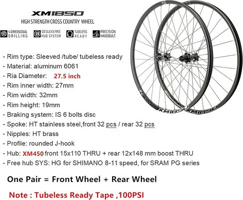 27.5 MTB Wheelset, XM1850 MTB Wheelset 27.5 Boost Thru Axle, MTB Rear Hub 28 Hole 12x148 Boost + MTB Front Hub 15x110,HG Cassette Replacement for Shimano 8-11 Speed and Sram PG Series in Saudi Arabia