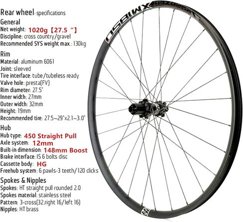 27.5 MTB Wheelset, XM1850 MTB Wheelset 27.5 Boost Thru Axle, MTB Rear Hub 28 Hole 12x148 Boost + MTB Front Hub 15x110,HG Cassette Replacement for Shimano 8-11 Speed and Sram PG Series in Saudi Arabia
