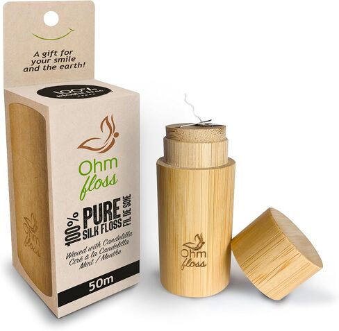 Ohm Earth’s Ohm Floss – Natural Biodegradable Silk Dental Floss with Refillable Bamboo Holder, Naturally waxed with Candelilla 100% Compostable, 55 yds/50m Spool – Eco-Friendly Oral Care, Natural Mint in Kuwait