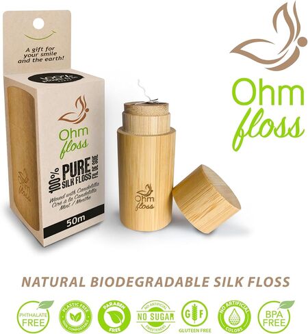 Ohm Earth’s Ohm Floss – Natural Biodegradable Silk Dental Floss with Refillable Bamboo Holder, Naturally waxed with Candelilla 100% Compostable, 55 yds/50m Spool – Eco-Friendly Oral Care, Natural Mint in Kuwait