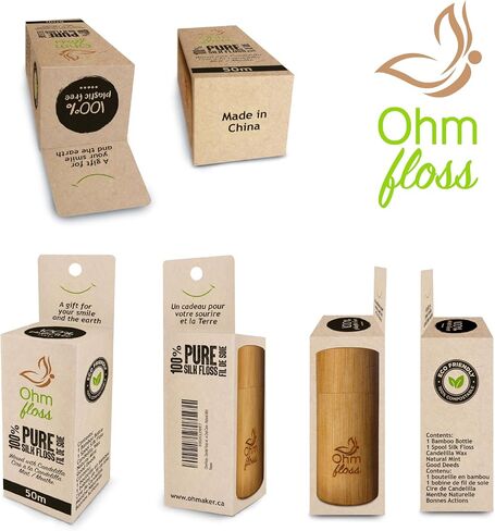 Ohm Earth’s Ohm Floss – Natural Biodegradable Silk Dental Floss with Refillable Bamboo Holder, Naturally waxed with Candelilla 100% Compostable, 55 yds/50m Spool – Eco-Friendly Oral Care, Natural Mint in Kuwait