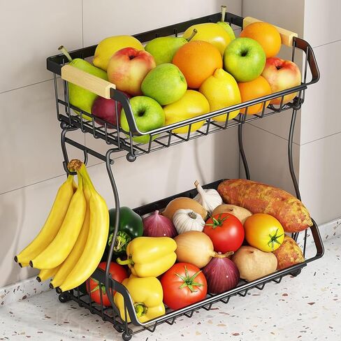 Alebew 2 Tier Fruit Basket Bowl with 2 Banana Hangers for Kitchen Counter, Countertop Fruits Produce Storage Basket Metal Vegetable Holder Stand Organizer for Bread Snack Veggies Potato, Black in Saudi Arabia