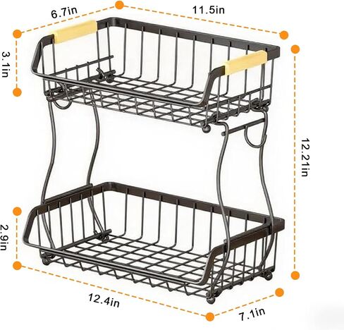 Alebew 2 Tier Fruit Basket Bowl with 2 Banana Hangers for Kitchen Counter, Countertop Fruits Produce Storage Basket Metal Vegetable Holder Stand Organizer for Bread Snack Veggies Potato, Black in Saudi Arabia