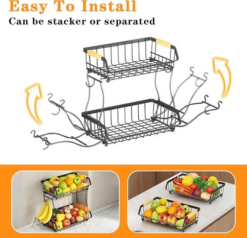 Alebew 2 Tier Fruit Basket Bowl with 2 Banana Hangers for Kitchen Counter, Countertop Fruits Produce Storage Basket Metal Vegetable Holder Stand Organizer for Bread Snack Veggies Potato, Black in Saudi Arabia