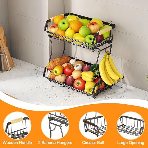 Alebew 2 Tier Fruit Basket Bowl with 2 Banana Hangers for Kitchen Counter, Countertop Fruits Produce Storage Basket Metal Vegetable Holder Stand Organizer for Bread Snack Veggies Potato, Black in Saudi Arabia