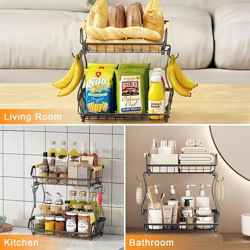 Alebew 2 Tier Fruit Basket Bowl with 2 Banana Hangers for Kitchen Counter, Countertop Fruits Produce Storage Basket Metal Vegetable Holder Stand Organizer for Bread Snack Veggies Potato, Black in Saudi Arabia