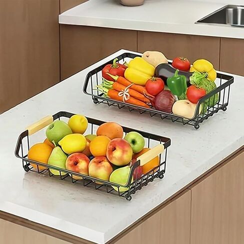Alebew 2 Tier Fruit Basket Bowl with 2 Banana Hangers for Kitchen Counter, Countertop Fruits Produce Storage Basket Metal Vegetable Holder Stand Organizer for Bread Snack Veggies Potato, Black in Saudi Arabia