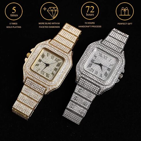 Halukakah Men's Watch - The King - 18K Gold/Platinum Plated, 40MM Square Dial, Diamonds Iced Out Wristband, Optional with Cuban Link Chain Necklace or Bracelet, Comes in Giftbox, for Boyfriend Husband in Saudi Arabia