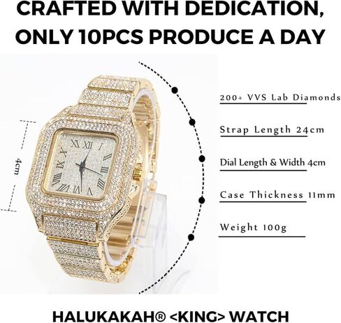 Halukakah Men's Watch - The King - 18K Gold/Platinum Plated, 40MM Square Dial, Diamonds Iced Out Wristband, Optional with Cuban Link Chain Necklace or Bracelet, Comes in Giftbox, for Boyfriend Husband in Saudi Arabia