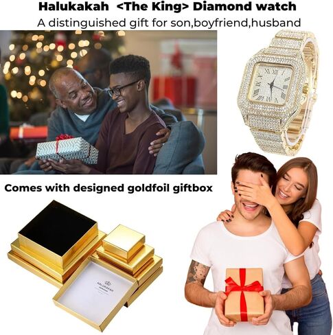 Halukakah Men's Watch - The King - 18K Gold/Platinum Plated, 40MM Square Dial, Diamonds Iced Out Wristband, Optional with Cuban Link Chain Necklace or Bracelet, Comes in Giftbox, for Boyfriend Husband in Saudi Arabia