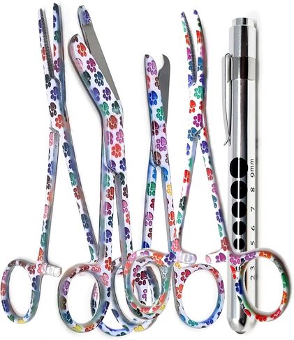 5 pc Bandage Scissors 5.5", Stitch Scissors 4.5", Hemostat 5.5" Straight & Curved, Diagnostic Penlight Made of Premium Quality Stainless Steel - For Emergency Supplies & First Aid Kit (Purple) in Saudi Arabia